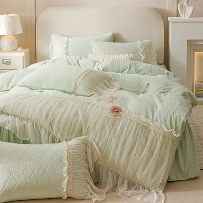 Pastel pink cozy velvet lace flowers bedding set bedroom ruffled trim