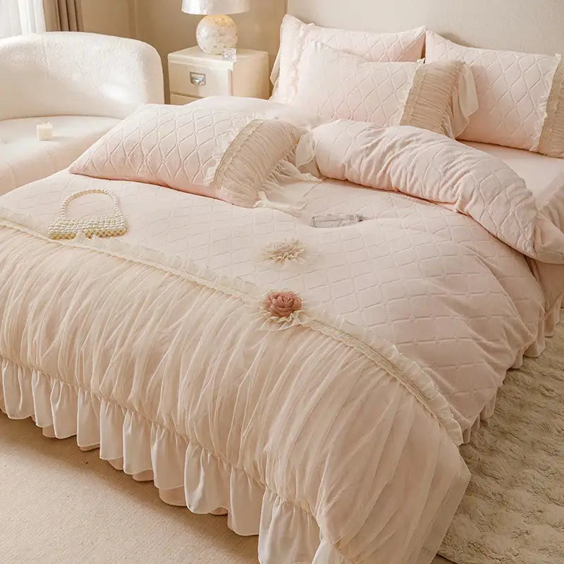 Pastel pink cozy velvet lace flowers bedding set bedroom ruffled trim