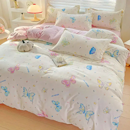 Pastel pink & cream butterfly cozy cotton bedding set bedroom