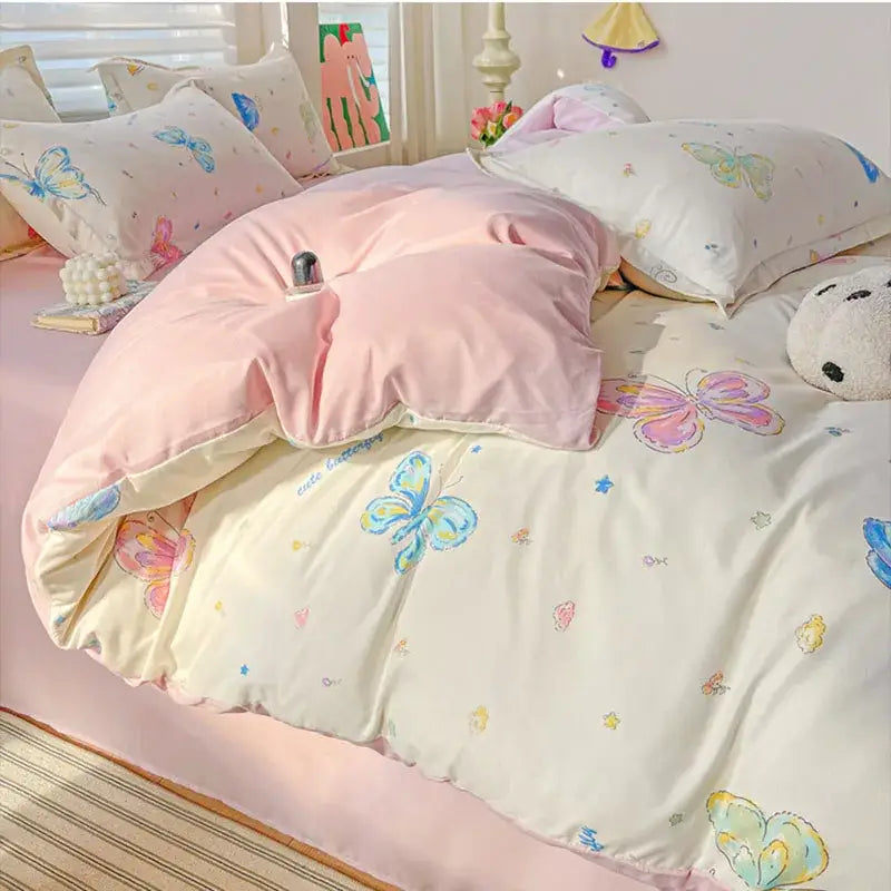 Pastel pink & cream butterfly cozy cotton bedding set bedroom