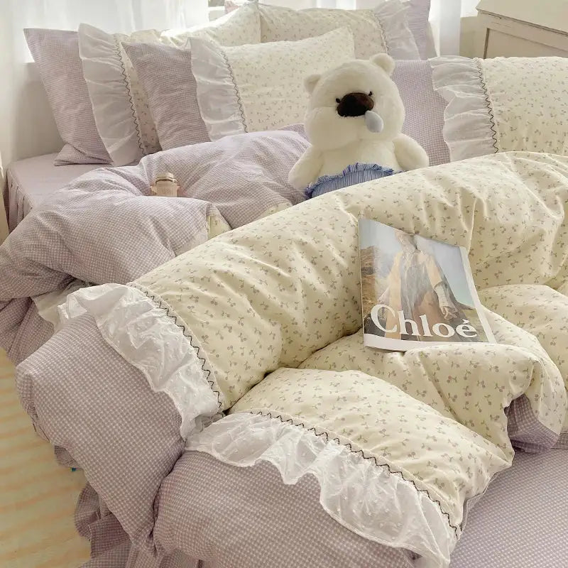 Pastel pink & cream cotton small florals bedding set bedroom lace