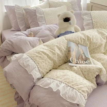 Pastel pink & cream cotton small florals bedding set bedroom lace