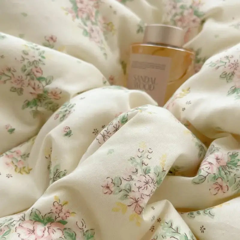 Pastel pink & cream cotton small florals bedding set bedroom lace