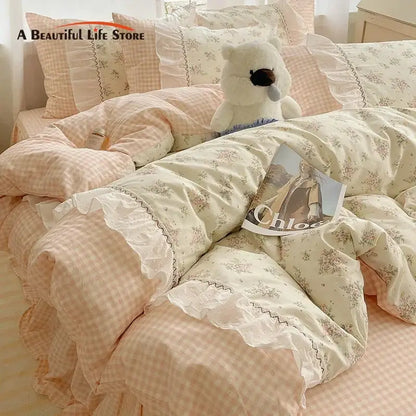 Pastel pink & cream cotton small florals bedding set bedroom lace