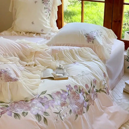 Pastel pink flowers lace ruffles bedding set bedroom decor