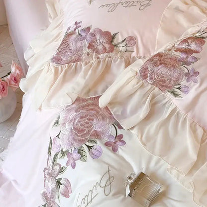 Pastel pink flowers lace ruffles bedding set bedroom decor