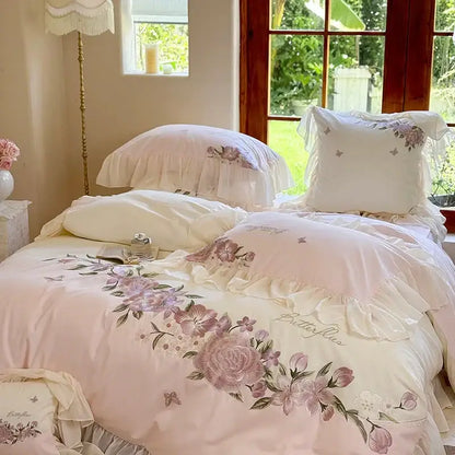 Pastel pink flowers lace ruffles bedding set bedroom decor