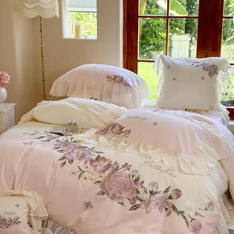Pastel pink flowers lace ruffles bedding set bedroom decor