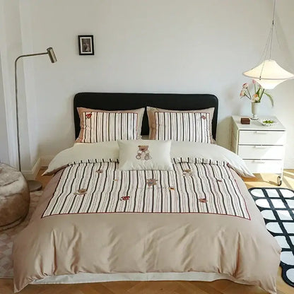 Pastel pink & gray cotton embroidered bedding set bedroom duvet cover