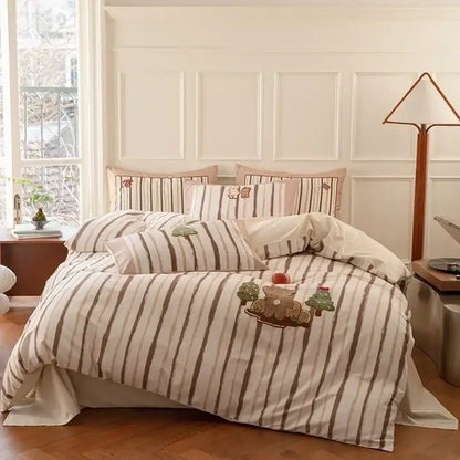 Pastel pink & gray cotton embroidered bedding set bedroom duvet cover