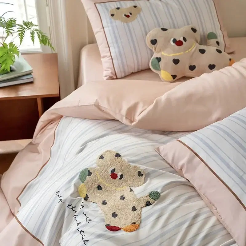 Pastel pink & gray cotton embroidered bedding set bedroom duvet cover