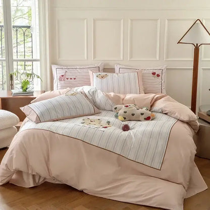 Pastel pink & gray cotton embroidered bedding set bedroom duvet cover