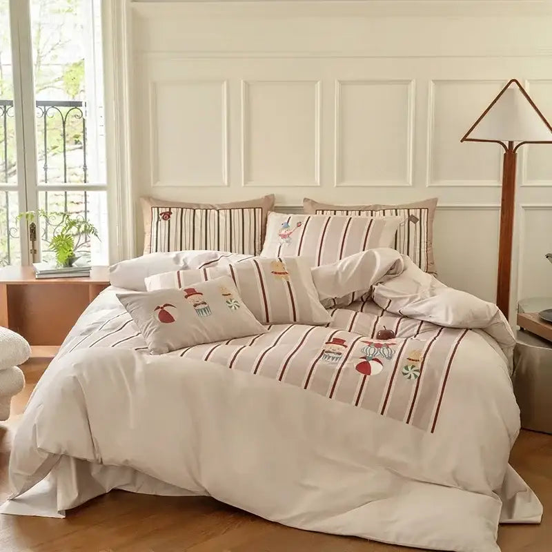 Pastel pink & gray cotton embroidered bedding set bedroom duvet cover