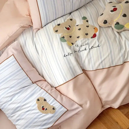 Pastel pink & gray cotton embroidered bedding set bedroom duvet cover