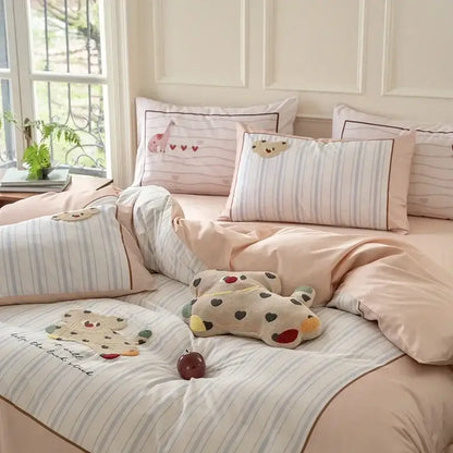 Pastel pink & gray cotton embroidered bedding set bedroom duvet cover