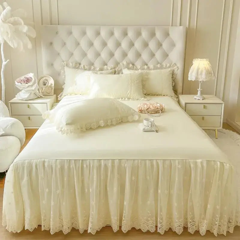 Pastel pink lace ruffled bed sheet set bedroom bedspread