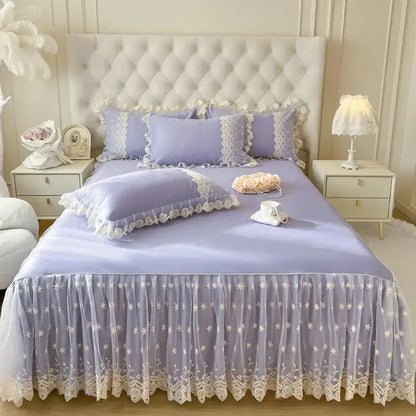 Pastel pink lace ruffled bed sheet set bedroom bedspread
