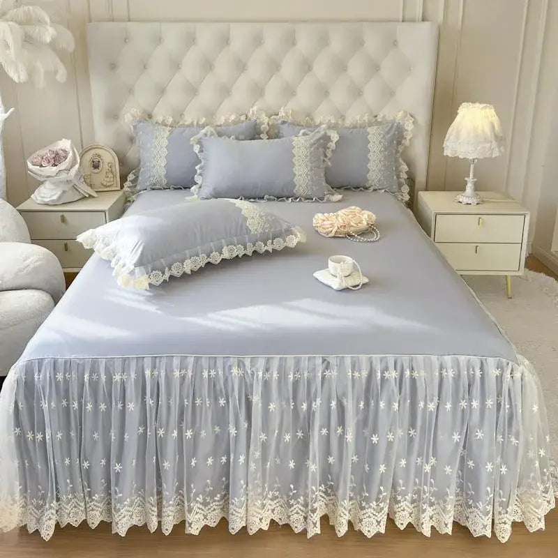 Pastel pink lace ruffled bed sheet set bedroom bedspread