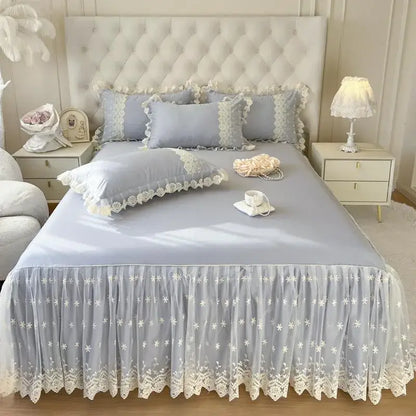 Pastel pink lace ruffled bed sheet set bedroom bedspread