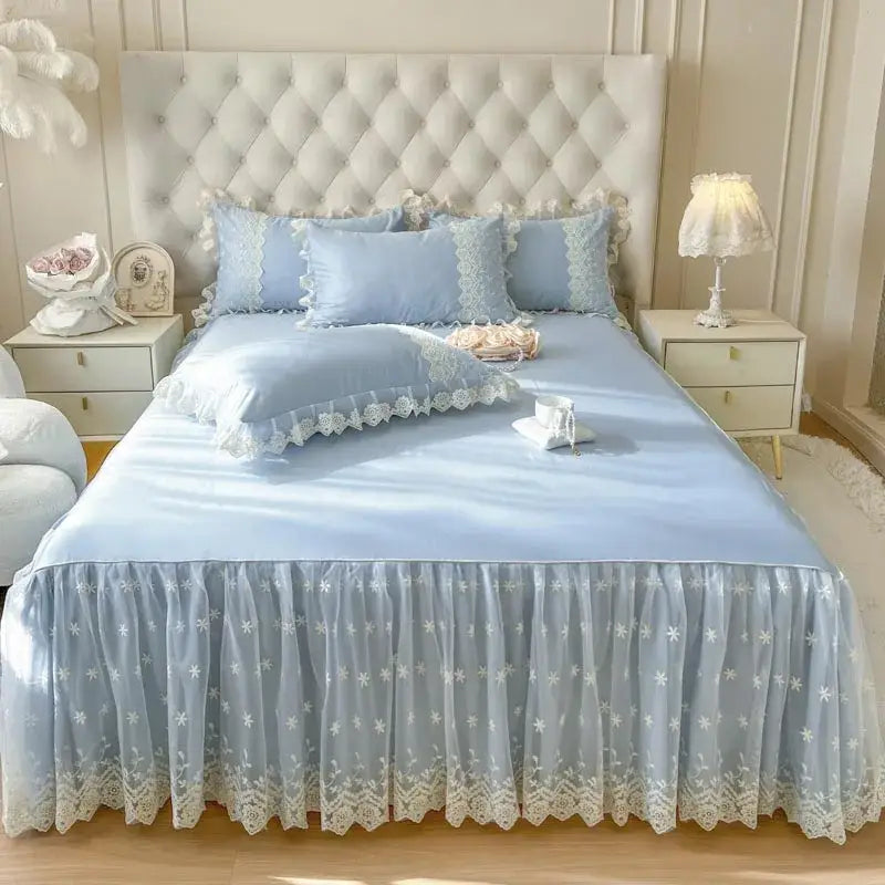 Pastel pink lace ruffled bed sheet set bedroom bedspread