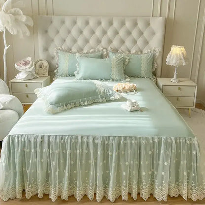 Pastel pink lace ruffled bed sheet set bedroom bedspread