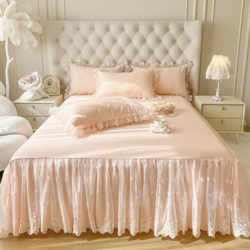 Pastel pink lace ruffled bed sheet set bedroom bedspread