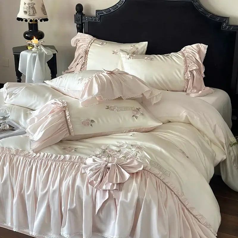 Pastel pink ruffle flower embroidery bedding set bedroom luxury lyocell