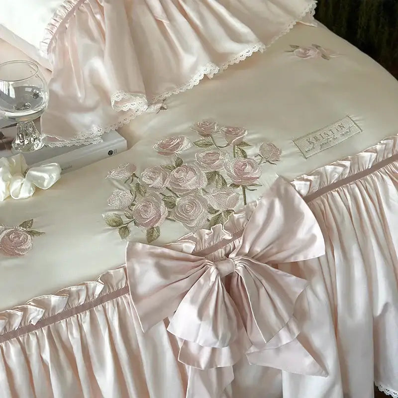 Pastel pink ruffle flower embroidery bedding set bedroom luxury lyocell