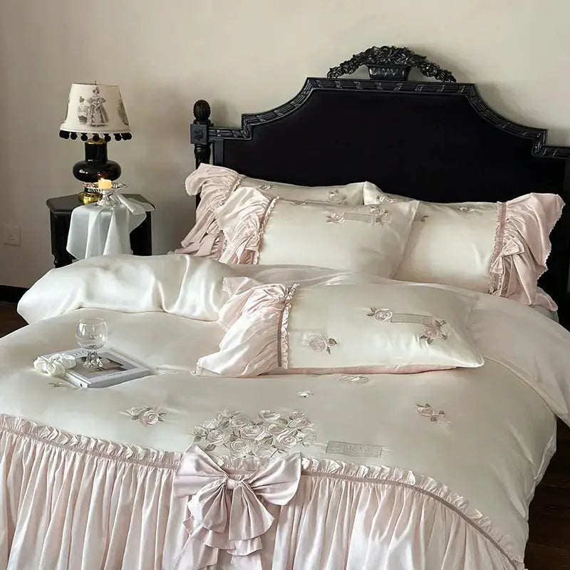 Pastel pink ruffle flower embroidery bedding set bedroom luxury lyocell