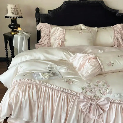 Pastel pink ruffle flower embroidery bedding set bedroom luxury lyocell