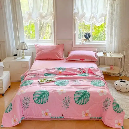Pastel pink & white cartoon bear printed summer quilt bedroom blanket