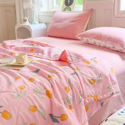 Pastel pink & white cartoon bear printed summer quilt bedroom blanket