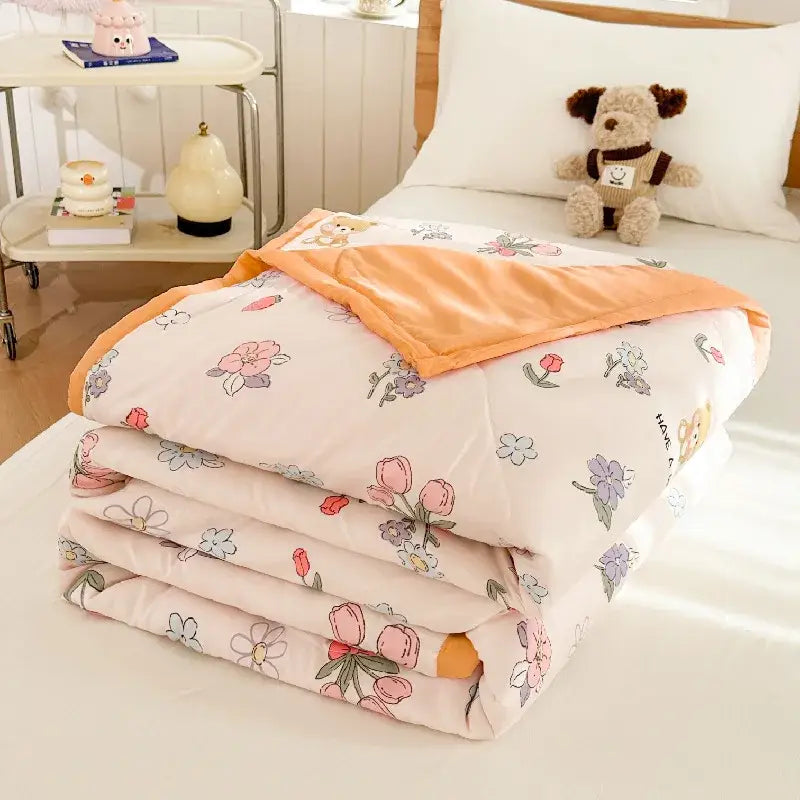 Pastel pink & white cartoon bear printed summer quilt bedroom blanket