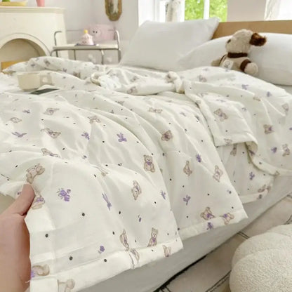 Pastel pink & white cartoon bear printed summer quilt bedroom blanket