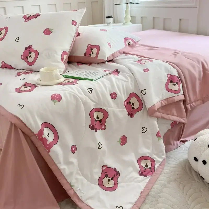 Pastel pink & white cartoon bear printed summer quilt bedroom blanket