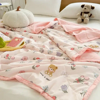 Pastel pink & white cartoon bear printed summer quilt bedroom blanket