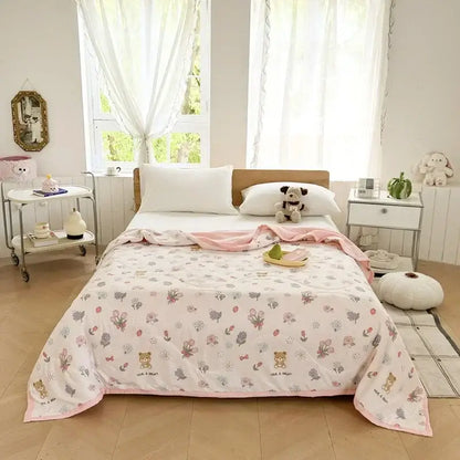 Pastel pink & white cartoon bear printed summer quilt bedroom blanket
