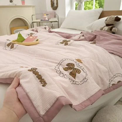 Pastel pink & white cartoon bear printed summer quilt bedroom blanket