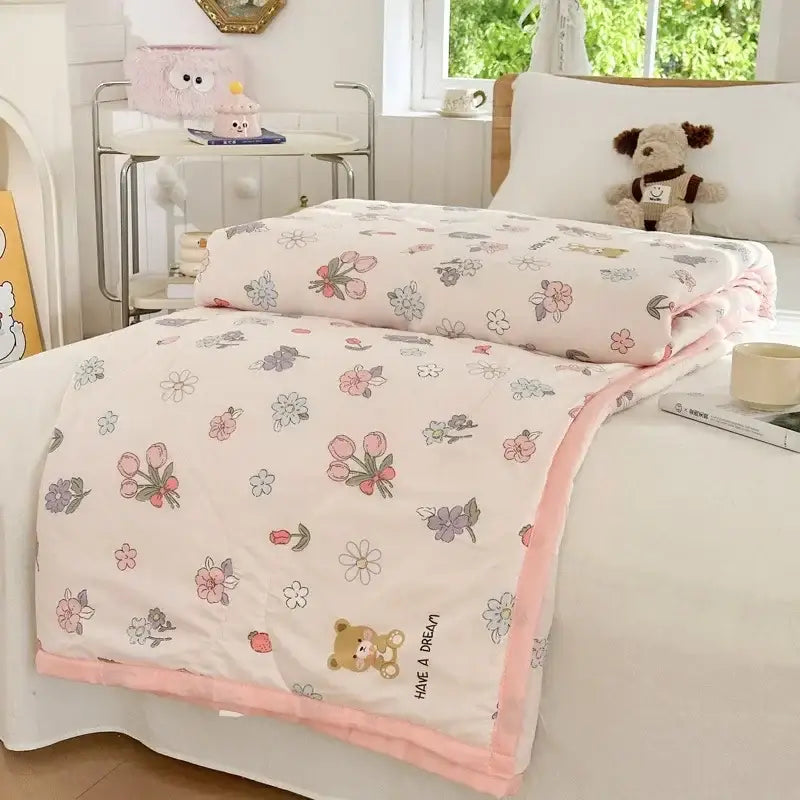 Pastel pink & white cartoon bear printed summer quilt bedroom blanket
