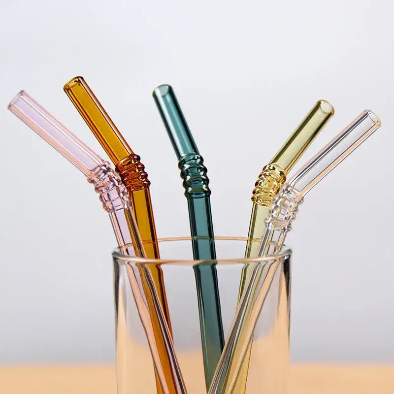 Pastel ridged glass straws set kitchen eco friendly drinking tubes