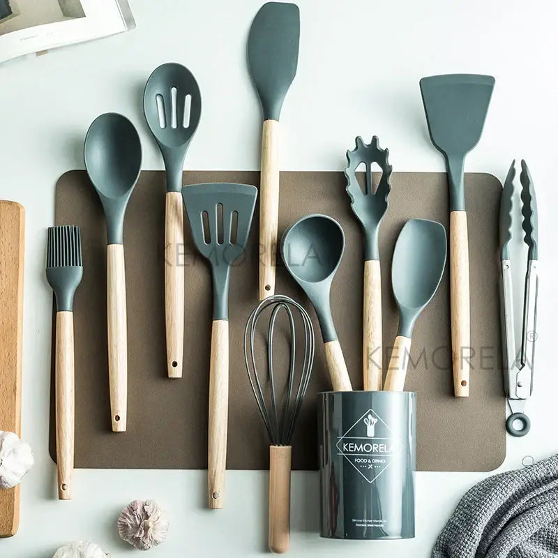 Pastel silicone kitchen utensils set with ceramic cup – kitchen