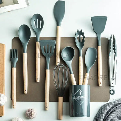 Pastel silicone kitchen utensils set with ceramic cup – kitchen