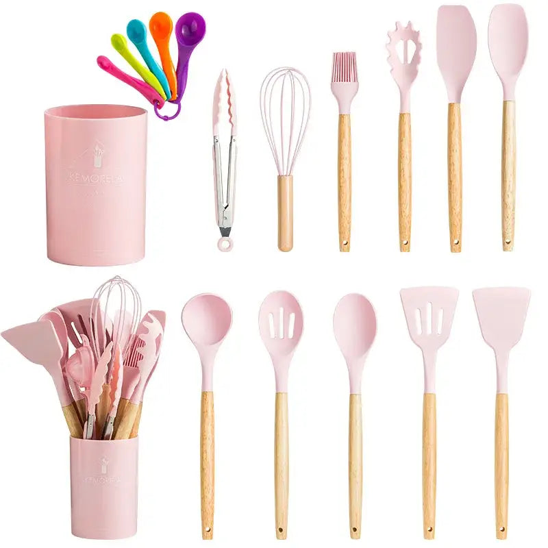 Pastel silicone kitchen utensils set with ceramic cup – kitchen