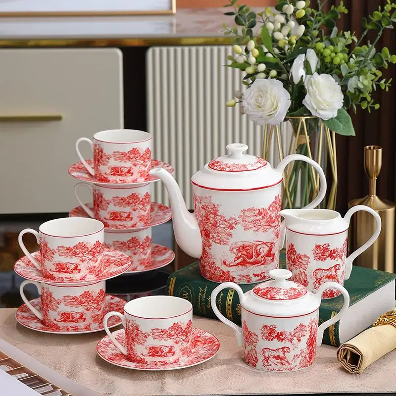 Pastoral blue & white porcelain jungle lion bone tea set dining room