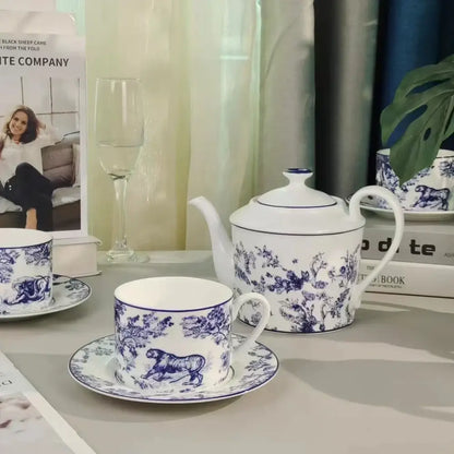 Pastoral blue & white porcelain jungle lion bone tea set dining room