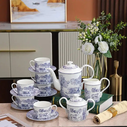 Pastoral blue & white porcelain jungle lion bone tea set dining room