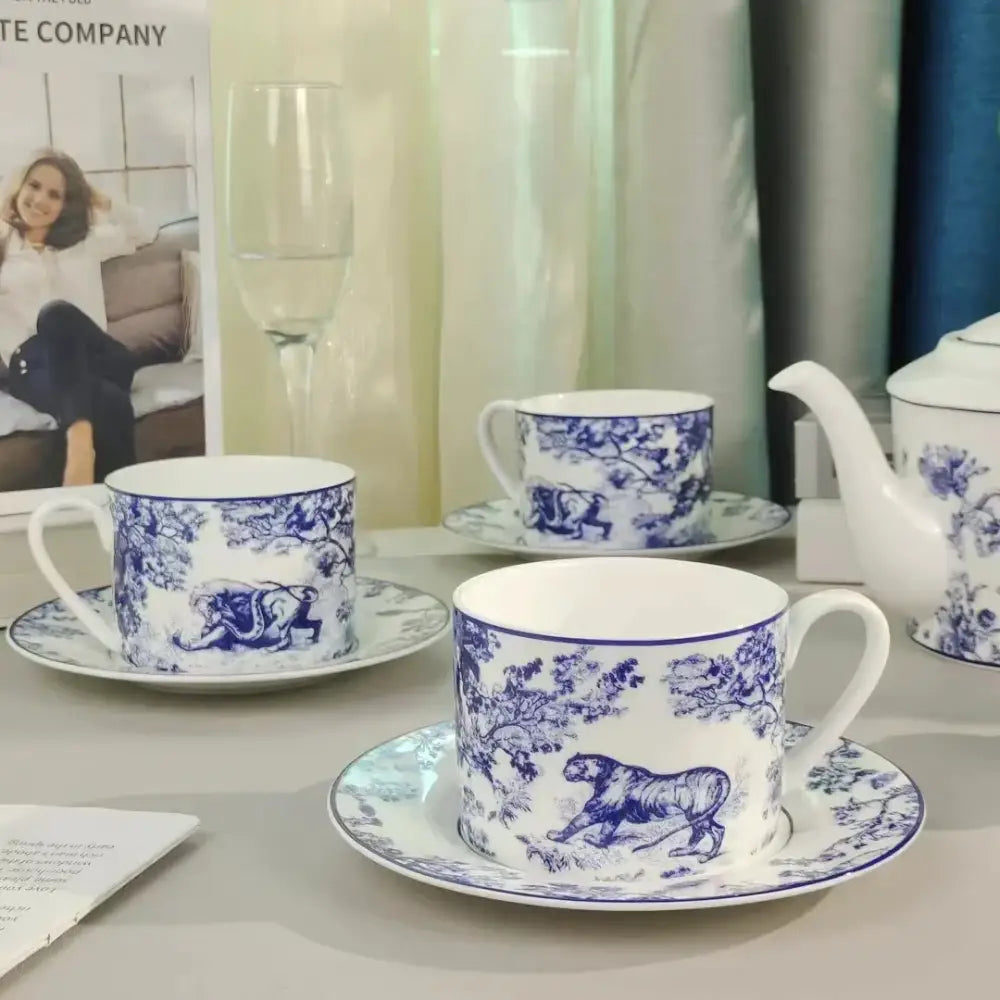 Pastoral blue & white porcelain jungle lion bone tea set dining room