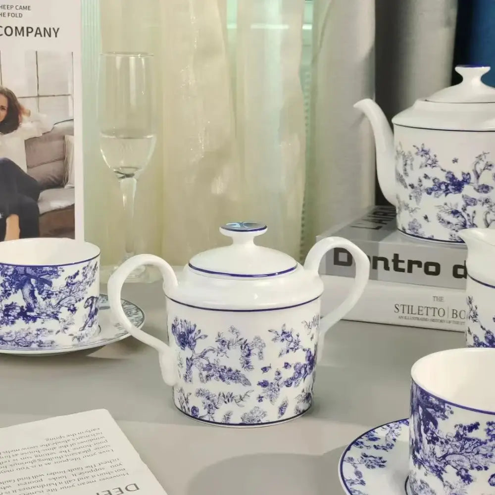 Pastoral blue & white porcelain jungle lion bone tea set dining room