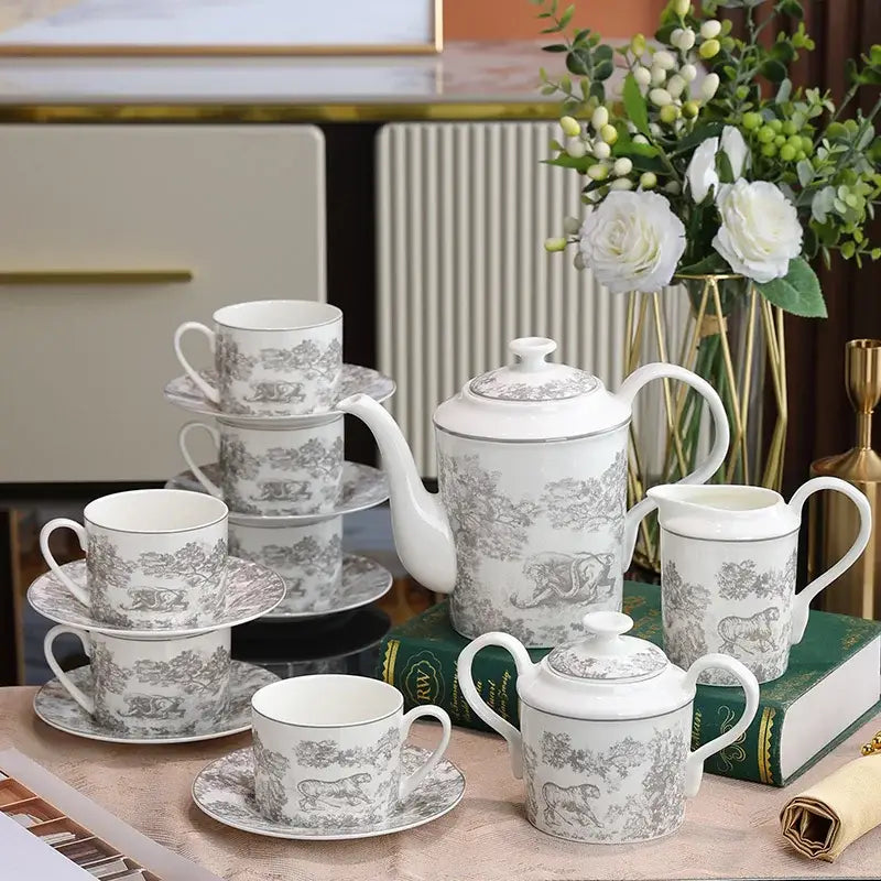 Pastoral blue & white porcelain jungle lion bone tea set dining room