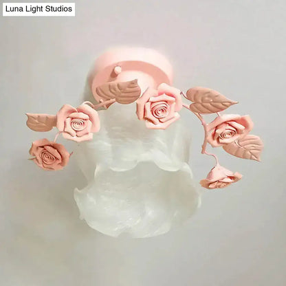 Pastoral pink & white rose glass semi flush light dining room ceiling